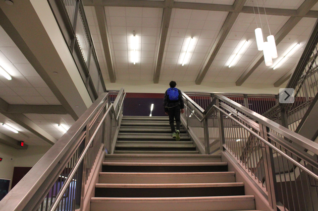 Writer Fisher Calame braves the stairs as he says all students should at North Atlanta. 