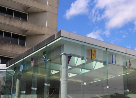 Our glass atrium connects the Hillside building to the Lakeside building. 