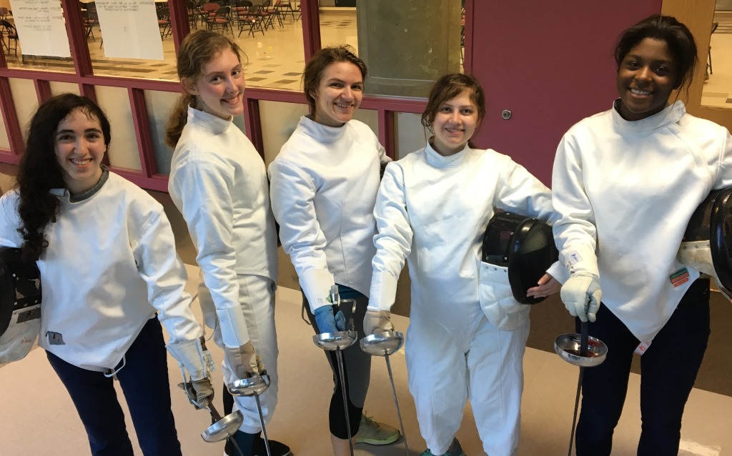 Foils for Fun: The school fencing team practices its ancient art just outside the first-floor multipurpose room. Picture are: Nicole Spektor, Lily Turner, Virginia Jackson, Gwen Smith and Ciara Baptiste. 