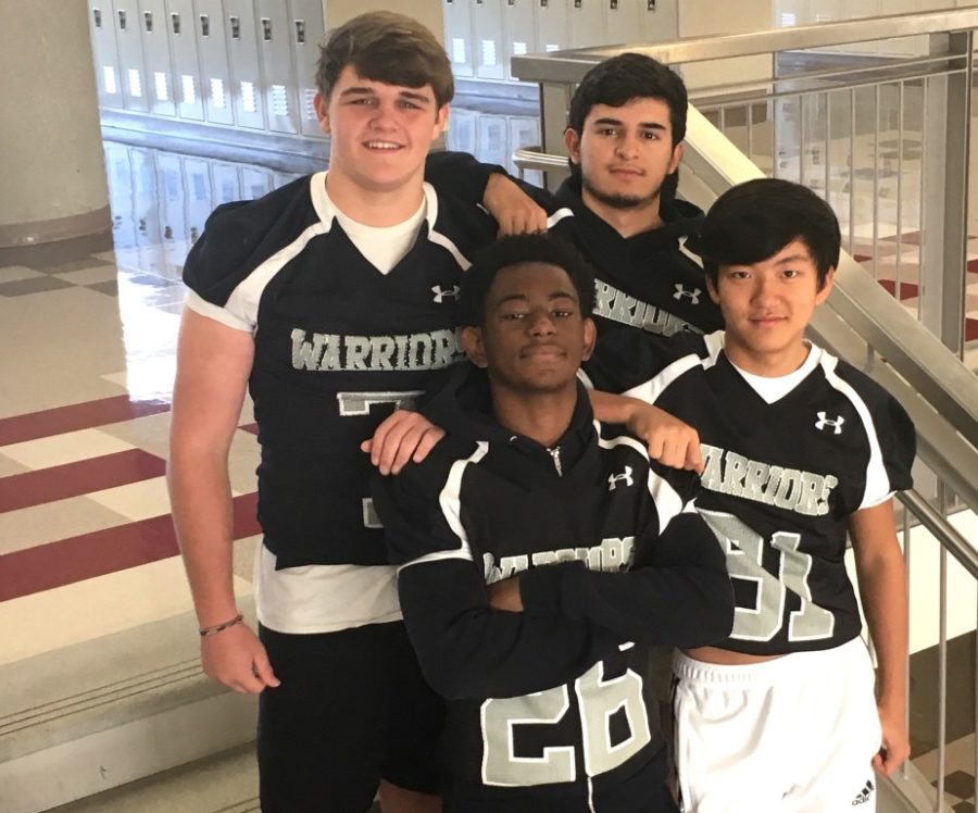 The Name Game: For every Warrior football player, there’s likely a catchy team nickname. Pictured are (front, l to r) Mitchell “Sauce” Harris, Matthew “Toshi” Yim (back, l to r) Davis “Diesel” Bell and Ale “Leg” Marin. Shemar Williams 
