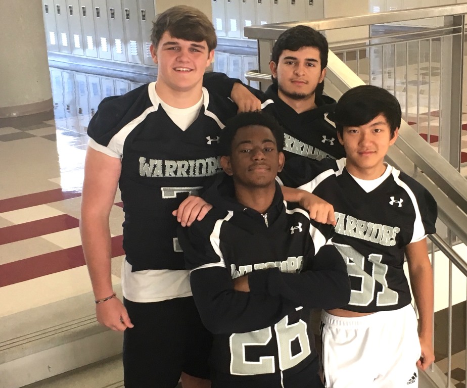 The Name Game: For every Warrior football player, there’s likely a catchy team nickname. Pictured are (front, l to r) Mitchell “Sauce” Harris, Matthew “Toshi” Yim (back, l to r) Davis “Diesel” Bell and Ale “Leg” Marin. Shemar Williams