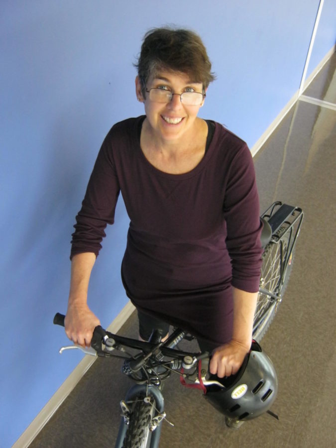 Two-Wheeled Commute: IB biology teacher Marie Killory rides to North Atlanta most days on her trusted mountain bike hybrid. 