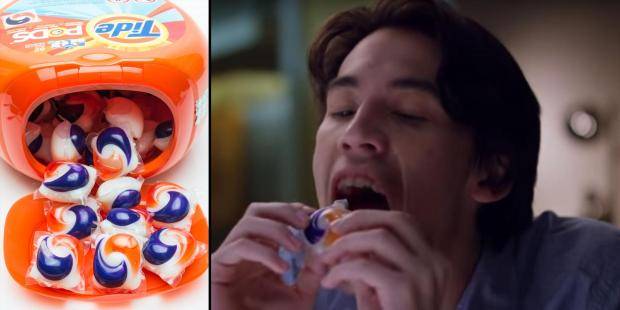 A young man consumes laundry detergent, despite its numerous harmful health effects.