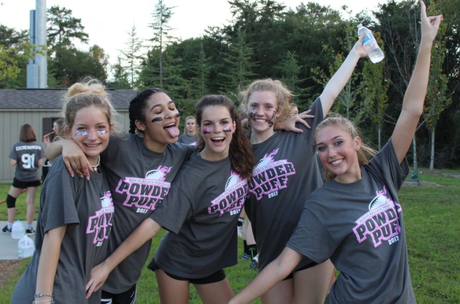 Tuff Enough: last year -- in this photo -- they were juniors: This year, seniors Sadie Stovin, Chloe Senter, Addie Derrick, Mary Wallace Underwood and Kenson Marbut are bent on going out winners in the annual Powder Puff Games held during Homecoming Week 2018. . 
