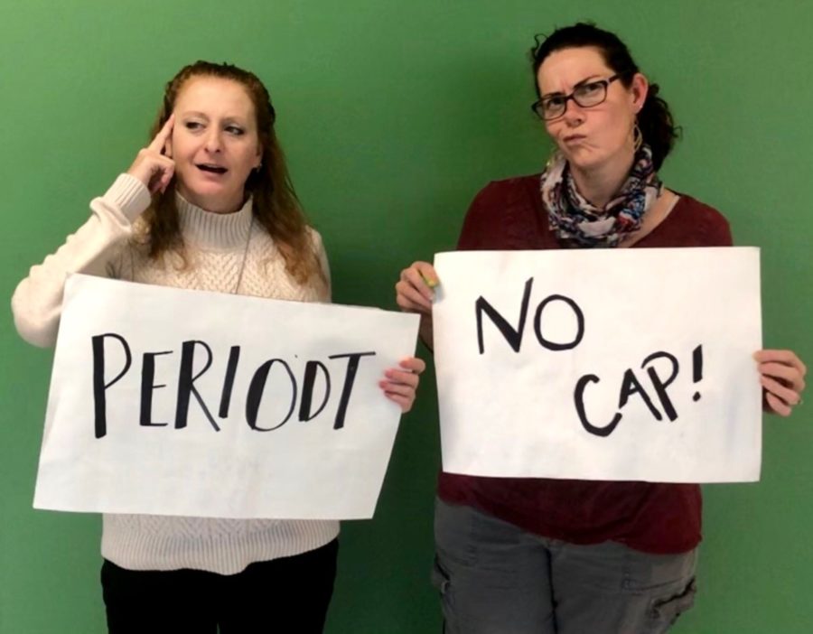 Cheese it: AP Language teacher Deanna Hasty and Art teacher Allison Shepard show their confusion for the new teen slang being thrown around. 