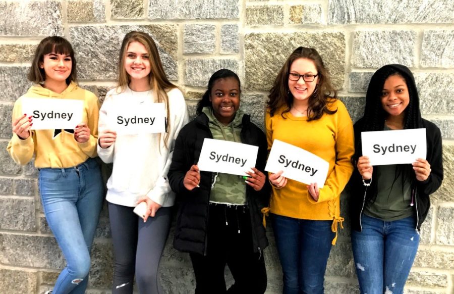 Common Concerns: Sophomore Sydney Blackburn, junior Sydney Miller, and freshmen Sydney Collier, Sydney Heaton, and Sydney Ellis struggle with the common name troubles that follow them throughout the hallways and classrooms.  