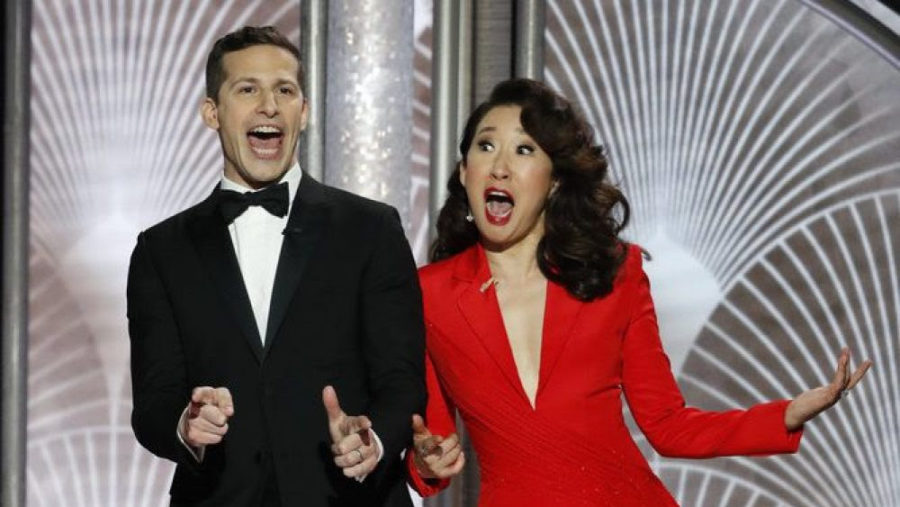 Grand+OlTime%3A+Hosts+Andy+Samberg+and+Sandra+Oh+prepare+the+audience+for+the+Golden+Globes+event.+Heres+a+recap.