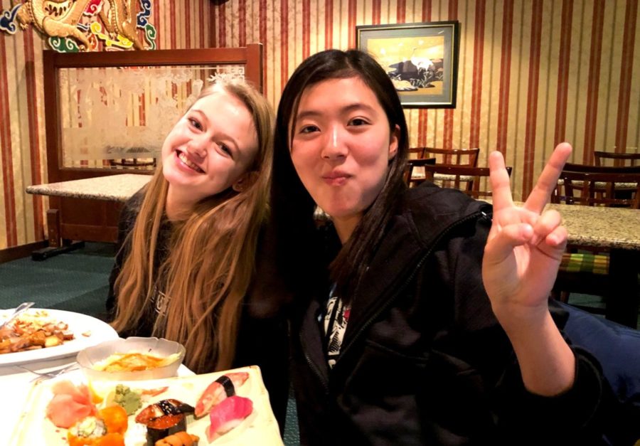 Exchanging Ideas: Sophomore Lucy-Grey Shields and Japanese exchange student Haruna Egami enjoy some sushi and other manner of Japanese cuisine at Buckhead’s Taka restaurant. 
