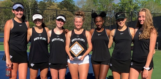 Final Four Run: Shown (l to r) are state finalist players for the very successful 2019 girls tennis team:  Kate Sharabura, Rebie Benedict, Isabel Carter, Kate Jern, Mikiah Stephenson, Leeza Kurtz and Dannie Evans. 
