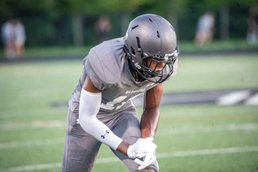 Senior wide receiver, Trey Harris, lines up as he is prepared to make a play for the Warrior’s offense.