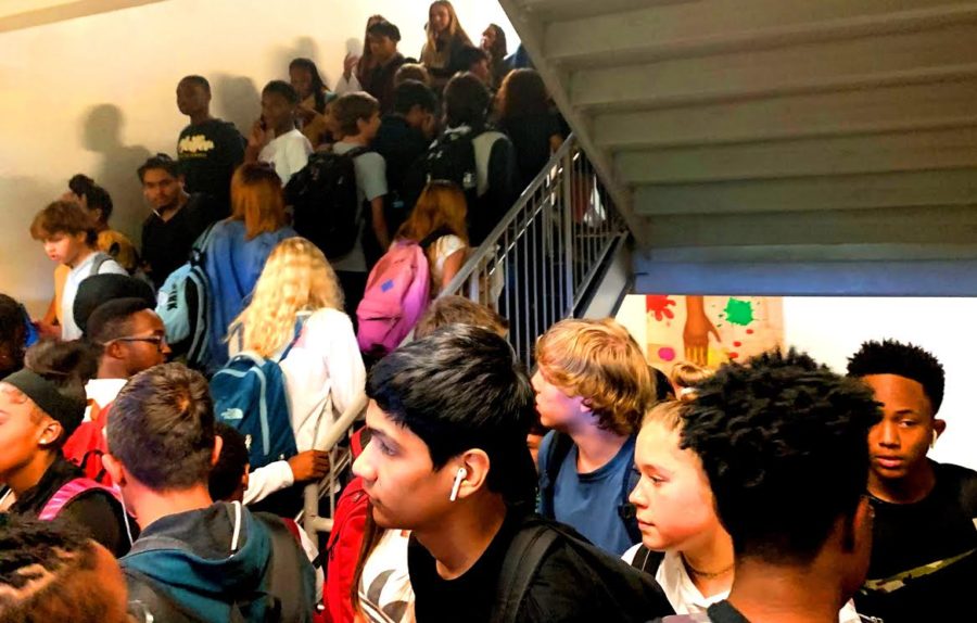 Bumper to Bumper: Students find themselves crowded in the stairwells between classes