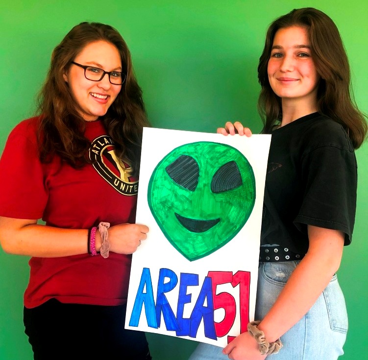 Martian Mania: Sophomores Sydney Heaton and Anna Greer both fell into the meme-based mania surrounding “Story Area 51,” the Nevada desert site where aliens supposedly exist. 