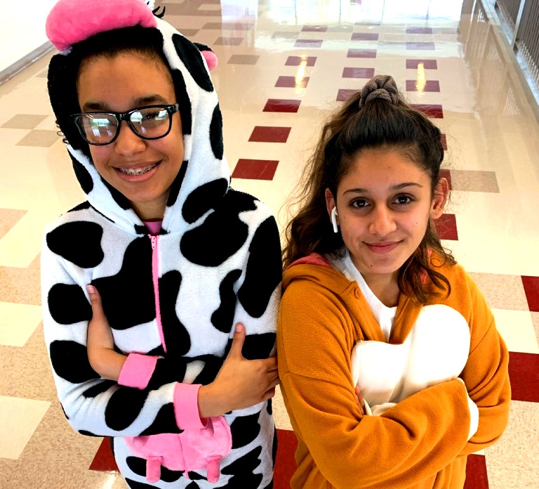 Pajama Party: Sophomores Shaliah Fricas and  Sophia Sharma show lots of homecoming spirit during Monday’s “Pajama Day.” 