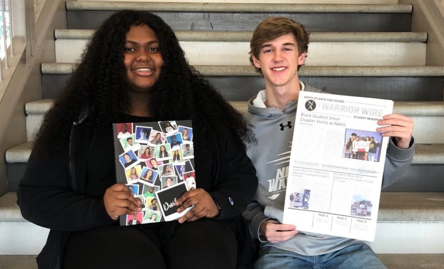 Wonderful Writers: Seniors Ashley Humphrey and John Fiveash smile as they prepare for the upcoming work in the Journalism Honor Society 