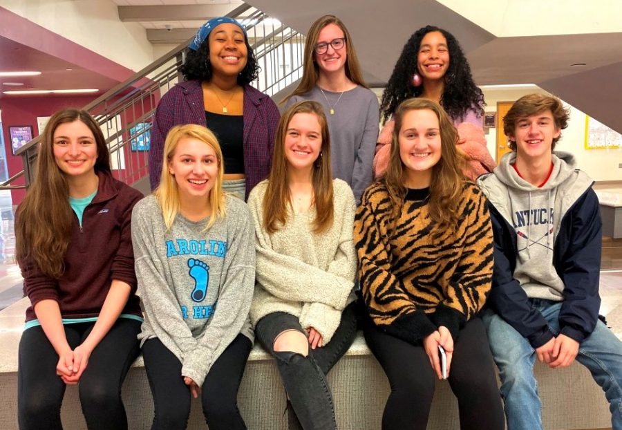 Count to 20: Assembled Warrior Wire seniors are fierce in their pre-holiday stances. Staffers who are part of the formidable Wire Class of 2020 are: (front row, l to r) Maddy Carter, Mary Grace Ray, Bailey Diamond, Grace McCaffrey, John Fiveash, (Back row) Lenox Johnson, Olivia Chewning, Leah Overstreet. 
