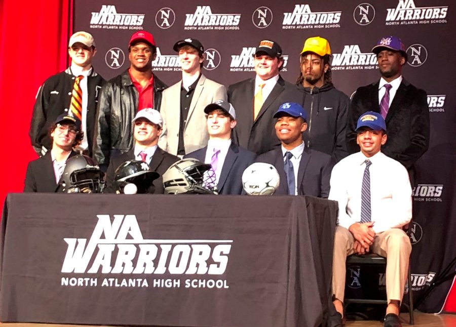 Next Level: 11 Dubs athletes signed to continue their careers at the collegiate level.
First row: Alden Sweatman, Tommy Fialkowski, James Brewer, Larry Love, Angelo Ramirez. 
Second row: Wiley Hartley, Wesley Horton, Sam Biven, Davis Bell, T.K. Mack, Malcolm Woods. 

