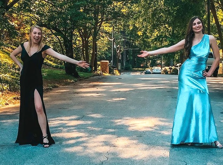 Separate Together: Glammed up seniors (and Warrior Wire editors) Mary Grace Ray and Maddy Carter keep their distance – while making the best of a stay-at-home prom. The altered nature of this year’s prom is one way among many that seniors from the Class of 2020 are adjusting to pandemic-era changes. 