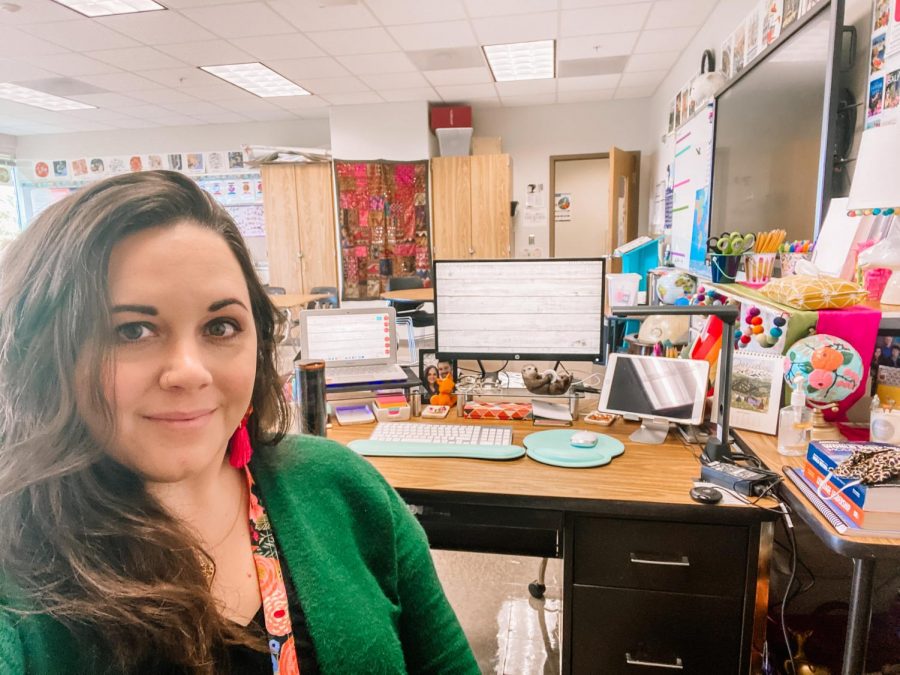 Staying Organized: AP world history instructor Cailtin Tripp enjoys a distraction-free virtual learning day from the comfort of her own classroom. 