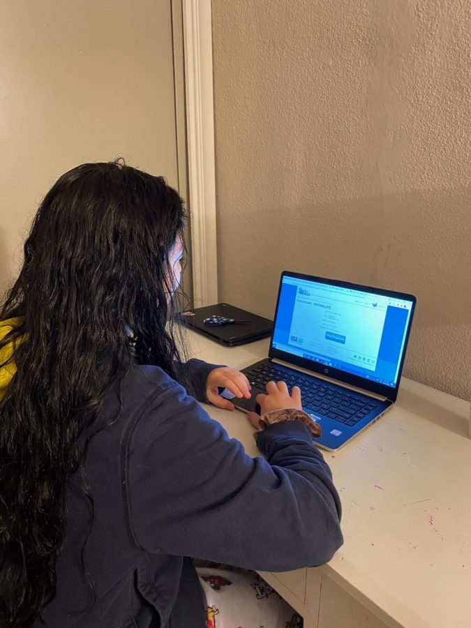 Testing Bubble: Junior Grecia Pino appreciates the quiet and calm while she takes a test virtually.