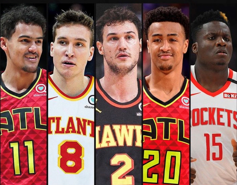 Highlight Factory Redux? Thanks to some spectacular off-season acquisitions, the Hawks this year could be bringing something back to Atlanta that’s not existed for a while – NBA relevancy. Shown l to r are Trae Young, Bogden Bagdanovic, Danilo Gallinari, John Collins and Clint Capela. 