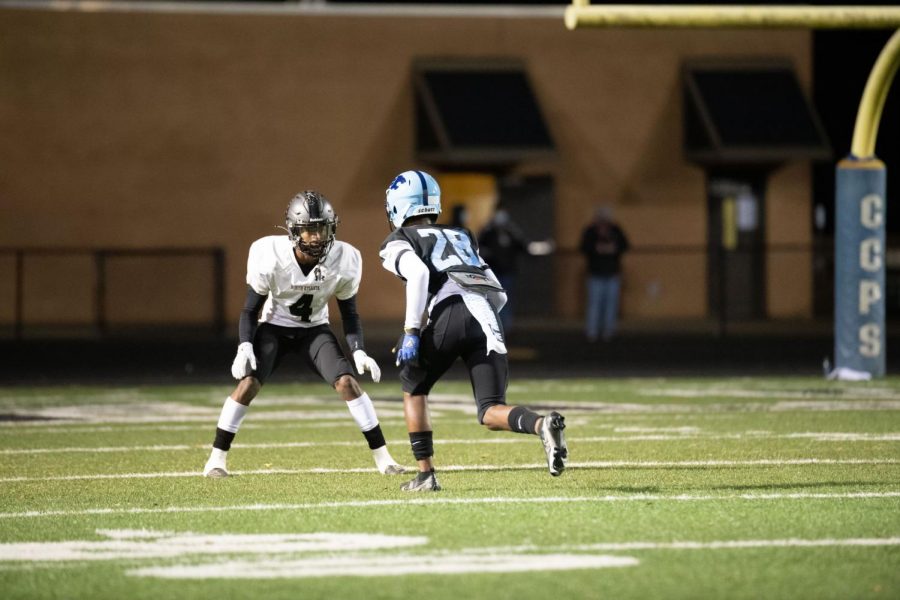 Senior Cornerback Tony Moore goes one on one with a Lovejoy defender.
