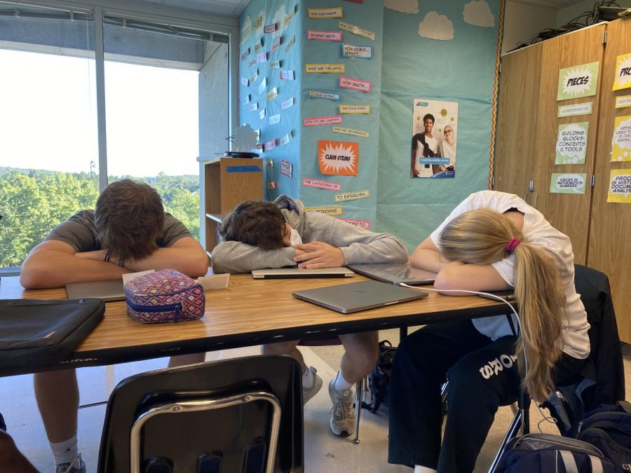 Dozing+Dubs%3A+Juniors+Powers+Carpenter%2C+Ryan+Hohenstein%2C+and+Caroline+Edwards+take+a+much+needed+snooze+in+class+after+a+night+of+staying+up+into+the+late+hours.+