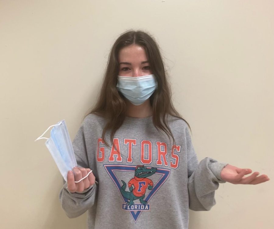 New Rules, New Concerns: With the suggestion of using only surgical masks, students like junior Sarah-Anne Hamilton question how this will impact the environment. 