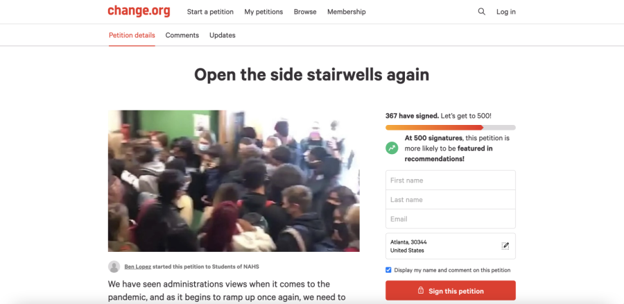 Traffic Jam!: After administration announced that the two side stairwells will close and students only have access to the central stairs, students took to change.org to construct a petition.