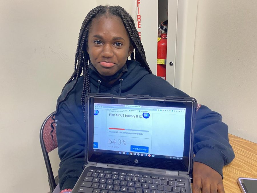 Work Overload: Junior Mallory Jackson is among the many students who have struggled with the teacher-absent and work-heavy environment of virtual AP classes.