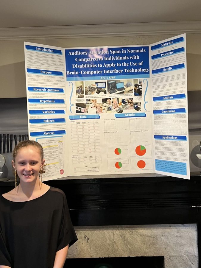 STEM Showcase: Freshman Ella Sipe stands impressively in front of her State-qualifying Science Fair Project.
