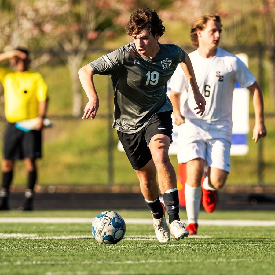 On The Hunt: Sophomore midfielder Ian Shuler looks for an opportunity as he advances toward the attacking third for the Dubs in the team’s Dubs 3-to-1 round one playoff victory over South Effingham on March 15.
