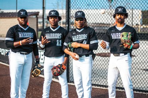 Diamond Dubs: Seniors Zach Turner, Chase Boines and (far right) Devon Alleyne have led the Warriors this year both in terms of production, on-field play and leadership. They are joined here with teammate junior Greg Harris (third from left). 