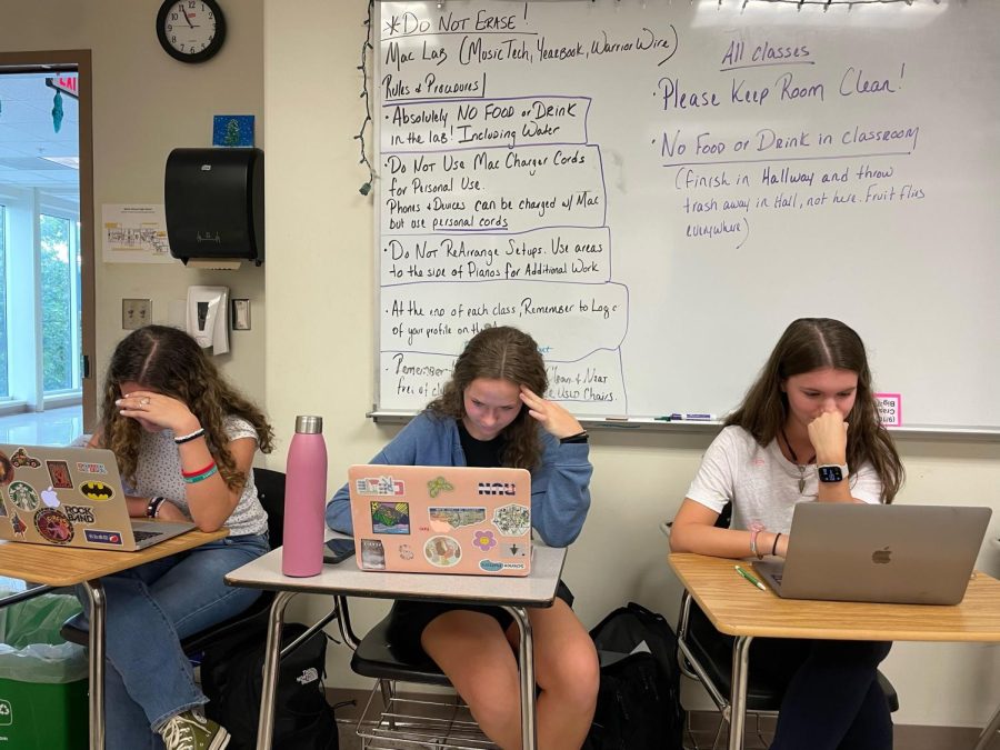 Seniors Caroline Feagin, Ella Kaufman, and Tanner Adams work diligently to prepare for the onslaught of testing and senior stress facing the class of ’23 in full for the first time in several years.