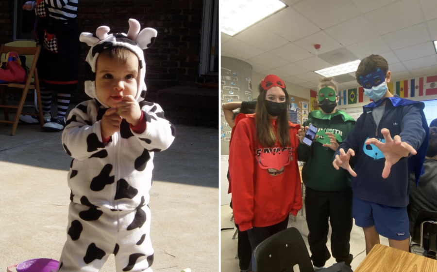Seasons Change: (Left) 2 year-old Ben Lopez sports a cow onesie for Halloween. (Right) Seniors Mather Atkinson, Emily Creaven, and Ben Lopez dress up as superheroes for their final Halloween of high school.