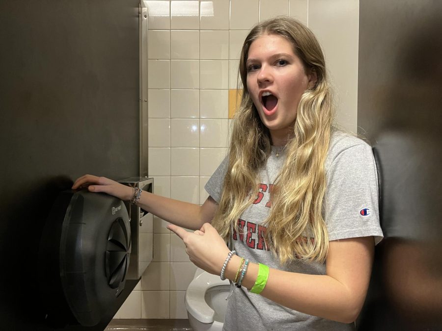 Out of Stock: Sophomore Annie Neufeld points out one of many empty toilet roll dispensers across the floors of NAHS.