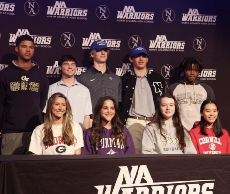 Standouts Among Stars: Nine North Atlanta athletes ink their futures. Top Row: Antonio Anderson, Jonathan French, Sims DeLong, Randolph Smith, and Isaiah Drake. Bottom Row: Virginia Odom, Alyssa England. Cecelia Smith, and Mia Hsu