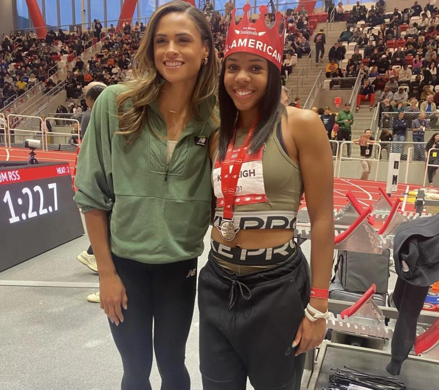 Kayleigh Stargell with Olympian Sydney Mclaughlin after she was crowned All American at the New Balance Nationals for Indoor Track.
