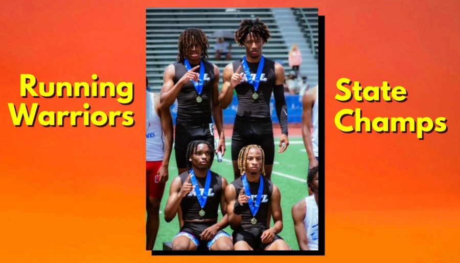 Record Breaking: The North Atlanta High School 4 x 200-meter team basks in the glory after breaking both the school and the state record in their event. Relay team members were (top row, l to r) De’shawn Owens and Caleb Ramsey and (bottom row): Darius Malcolm and Carl Murray. 
