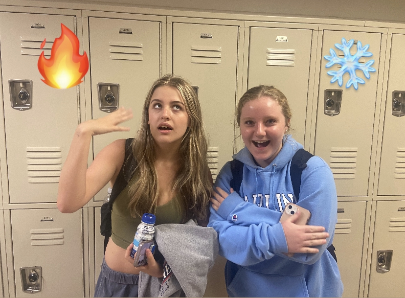  Juniors Ellie Winslade and Libby Gray Hall feel the frosty verses fiery temperature phenomenon.