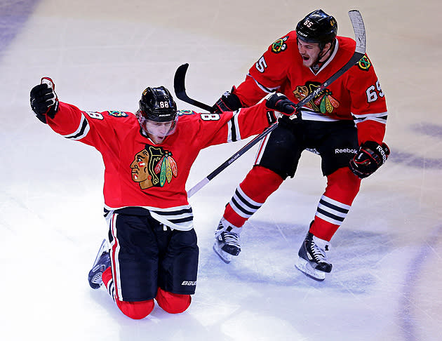 Chicago Blackhawks forward Patrick Kane celebrates after scoring a clutch goal in overtime.