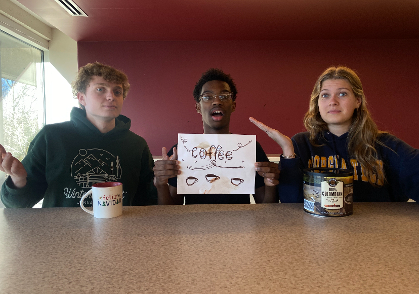 Coffee+Enthusiasts%3A+Juniors+David+Hughes%2C+Jackson+Frasier%2C+and+Annie+Neufeld+show+their+love+for+coffee%0A