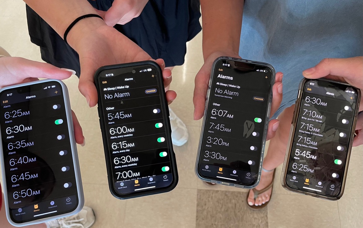 Collection of sophomores phones showing the early times they wake up each morning for school