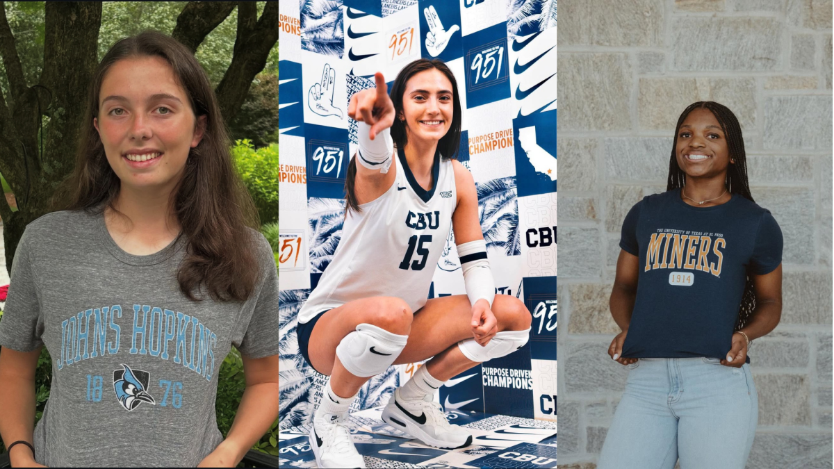The three volleyball commits: Molly Laning (Left), Samantha Bailey (Middle), and Laila Amos (Right). These Dubs are representing their colleges' they have committed to.