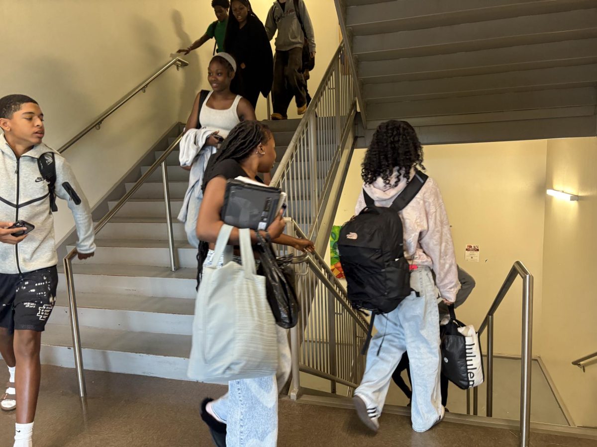 NAHS students rushing to leave the school after a long day of hiking through the building. 