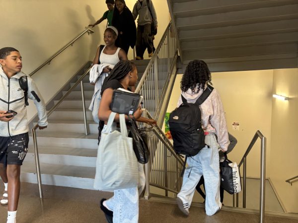 NAHS students rushing to leave the school after a long day of hiking through the building. 
