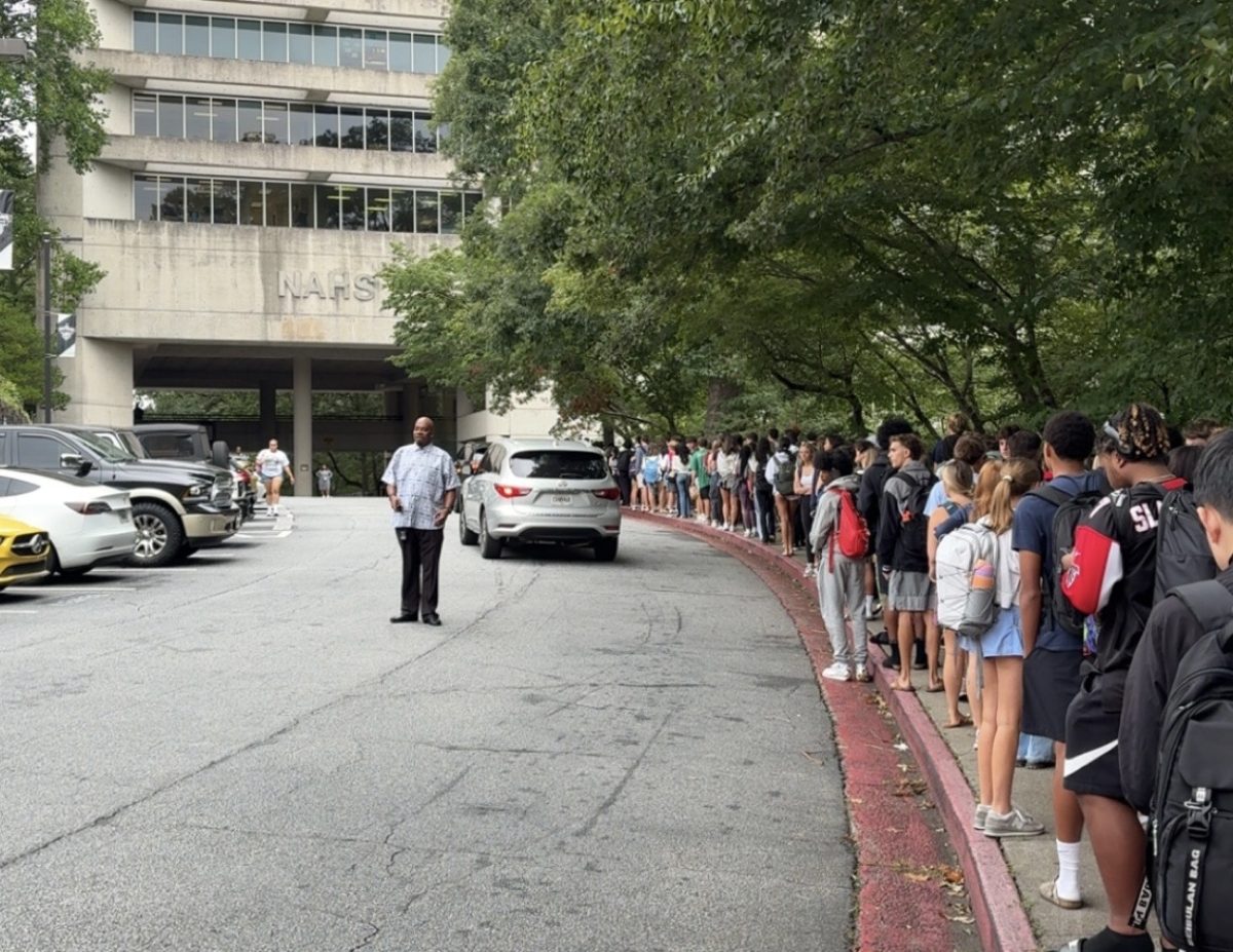 North Atlanta's lengthy carpool line shows the exponential growth in enrollment this year.