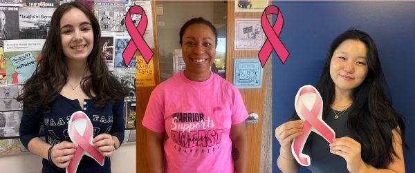 Amazing Advocacy: Lily Floyd (11), Ms. Tiffany Grant, and Juana Han (11) show their support for NAHS Breast Cancer Awareness Month.