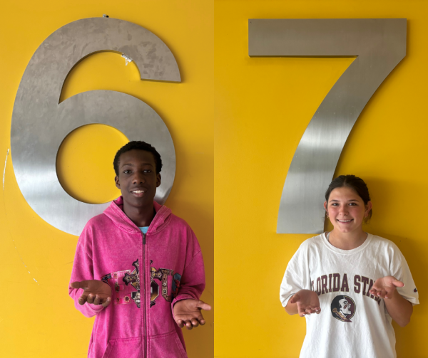 Juniors Ryan Morrison and Laurel Touwsma show off the official 67 hand gesture while on floors 6 and 7. 