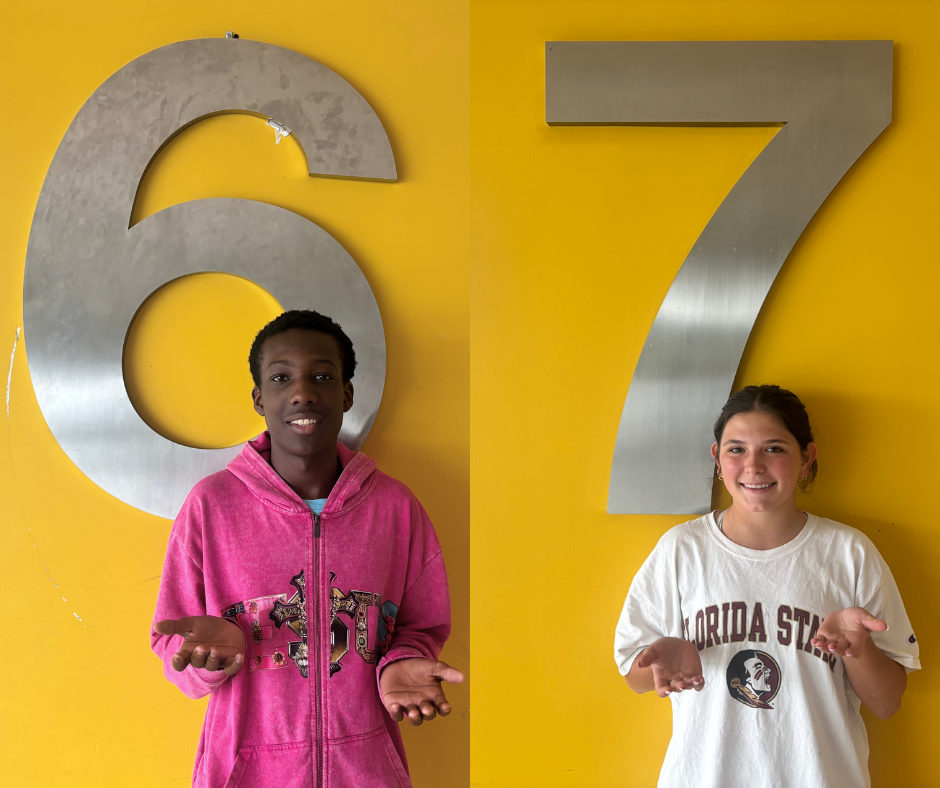 Juniors Ryan Morrison and Laurel Touwsma show off the official 67 hand gesture while on floors 6 and 7. 